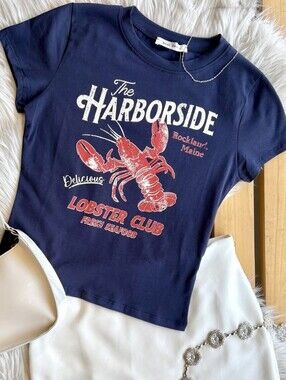 NEW NWT Y2K The Harborside Lobster Club Navy Graphic Baby Tee